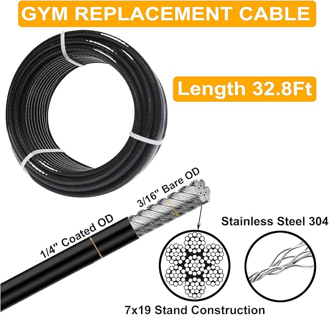 32.8Ft/98.4Ft Fitness Pulley Cable, Gym Steel Cable for DIY Home Gym, Gym Cable Replacement for Pulley Cable Machine,TPU Coated,Thick 1/4"(6mm)