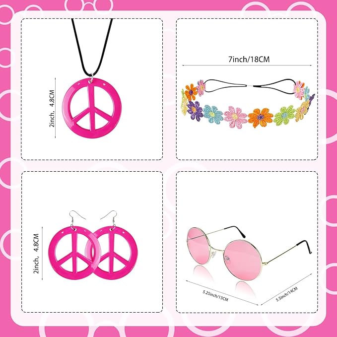 HyperFun Hippie Costume Set Includes Peace Sign Necklace and Earrings, Flower Crown Headband and Colored Hippie Sunglasses