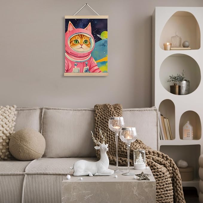 Pink Astronaut Cat Wall Art Poster Framed, Cat Poster for Girls Kids Room Nursery Decor, Whimsical Outer Space Cute Kitten Canvas Wall Art Prints, 12x16 Inches