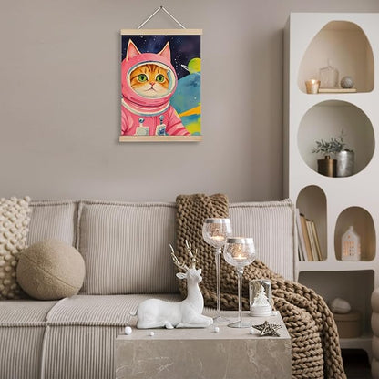 Pink Astronaut Cat Wall Art Poster Framed, Cat Poster for Girls Kids Room Nursery Decor, Whimsical Outer Space Cute Kitten Canvas Wall Art Prints, 12x16 Inches