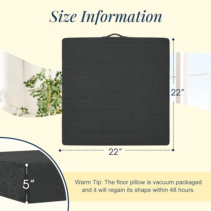 Solid Square Floor Pillows for Adults Kids - Large Meditation Floor Pillow Seating Cushion with Thick Foam & Washable Velvet Cover, 2 Pack, 22x22x5 Inch, Gray