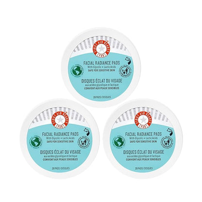 First Aid Beauty - Facial Radiance Pads with Glycolic & Lactic acids, Daily Exfoliating pads with AHA to Help Tone & Brighten Skin, One Step Makeup Prep, Compostable for Daily Use, 28 Pads, 3 ct