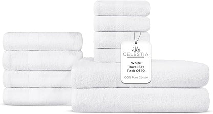 100% Combed Cotton Bathroom Towel Set of 10-2 Bath Towels, 4 Hand Towels, 4 Wash Cloths, Sustainable, Soft, Highly Absorbent 10 Piece Cotton Bath Towel Set Ideal for Hotels, Spa, Bathroom, Dorm, White