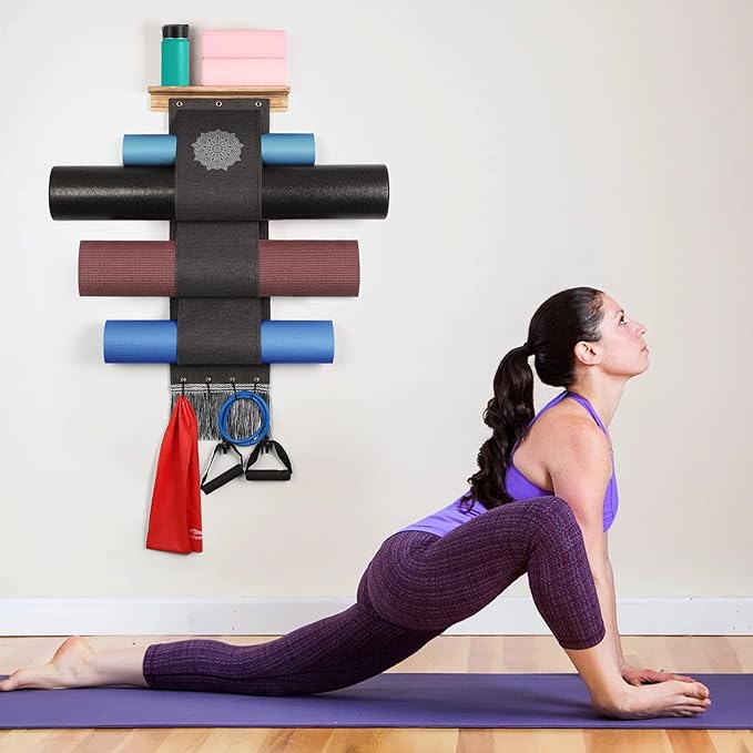 VINAEMO Yoga Mat Holder Accessories Wall Mount Organizer Storage Decor Foam Roller and Towel Storage Rack with 4 Hooks and Wooden Shelves Yoga Mats Rack Resistance Bands for Home Gym School Office