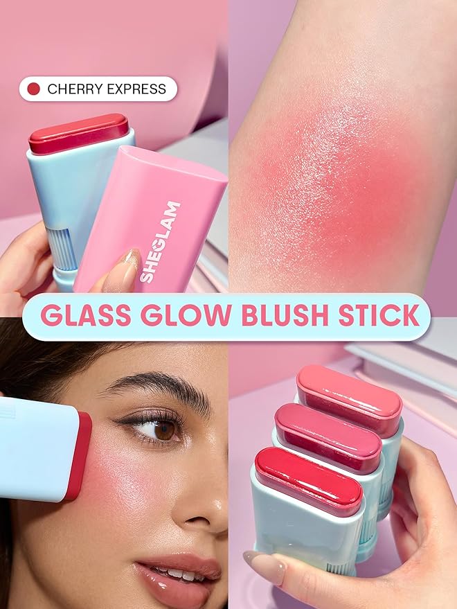 SHEGLAM Glass Glow Blush Stick Cream for Cheek and Lip, Waterproof Hydrating Tinted Solid Moisturizer Blendable Natural Grow Nude Face Blush Makeup-Cherry Express