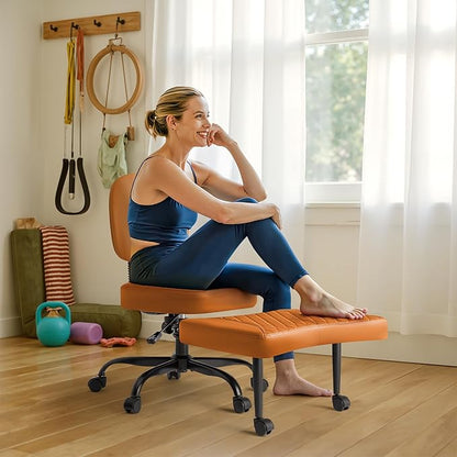 Furmax Ergonomic Criss Cross Legged Office Chair with Wheels, 360°Swivel Adjustable Height Kneeling Desk Chair with Footrest for ADHD, Yoga, Meditation, Home Office (Leather, Brown)