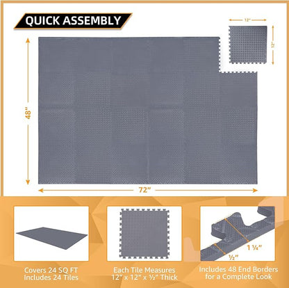 24 Pack - 1/2" Extra Thick Floor Exercise Mat for Home Gym Floor Padding for Kids - High-Density EVA Interlocking Foam Floor Tiles for Gym Equipment, Play Area, Yoga, Cardio, Weights, MMA