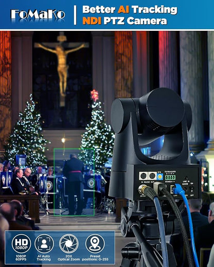 FoMaKo NDI PTZ Camera, AI Auto-Tracking Gen 3, 20x Optical Zoom HDMI PTZ Camera for Church Worship Education Events (NDI 6 & NDI HX3 Certified)(KN20A Pro Black)