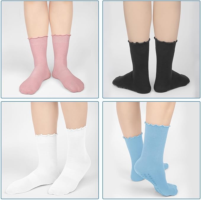 4 Pairs Pilates Socks with Grips for Women Yoga Ruffle Cute Grip Socks Pilates Non Slip Crew Ballet Hospital Workout
