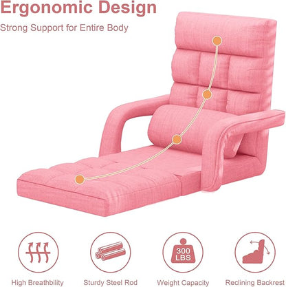Adjustable Floor Gaming Chair for Adults, 6-Position Chaise Lounge Chair with Meditation Arm, Foldable Lazy Sofa with Pillow, Comfy Chair Indoor for Bedroom Dorm Living Room, Pink