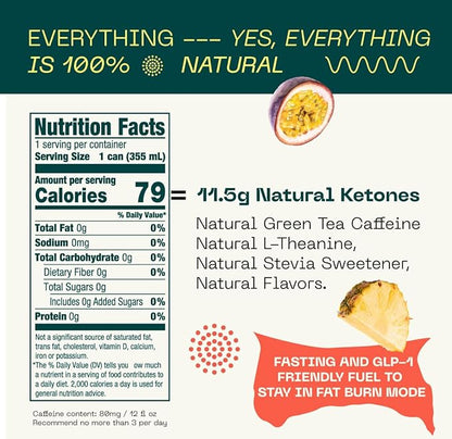 KEY Ketone Energy Drink - Sugar Free, 80mg Low Caffeine, All Natural, 11.5g Ketones, Long Lasting Energy, Green Tea & L-Theanine for Mental Focus, Pineapple Passionfruit (Pack of 12)
