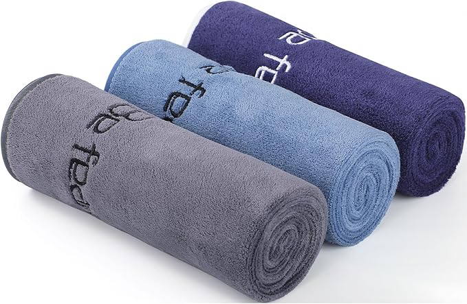Microfiber Gym Towels Bigger Size Super Soft for Exercise Fitness, Sports, Workout, 380-GSM 15-Inch x 31-Inch Quick-Drying Towels (3 Pack, Grey+Blue+Navy Blue)