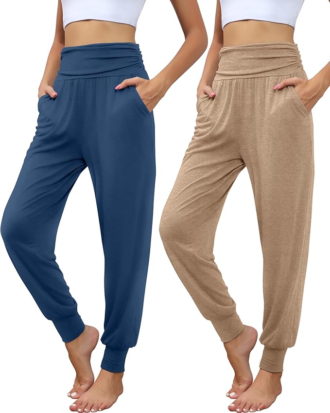 2 Pack Women's Yoga Joggers, Cozy Sweatpants with Pockets Casual Loose Comfy High Waisted Lounge Pants