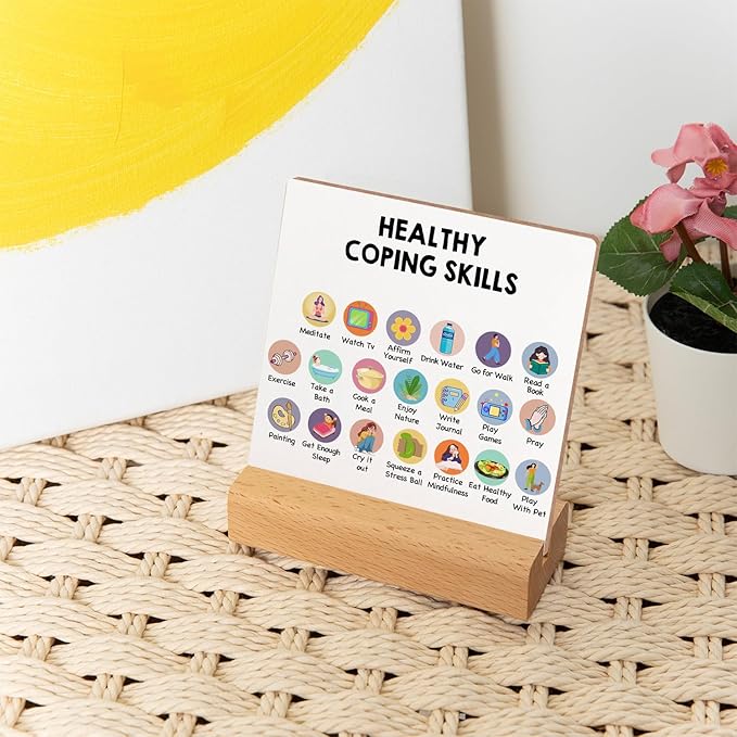 Mental Health Sign, Inspirational Positive Plaque Sign, Mental Health Growth Mindset Wooden Sign Decor with Wooden Stand, Positive Gifts for Psychologist School Counselor Student Boy Girl
