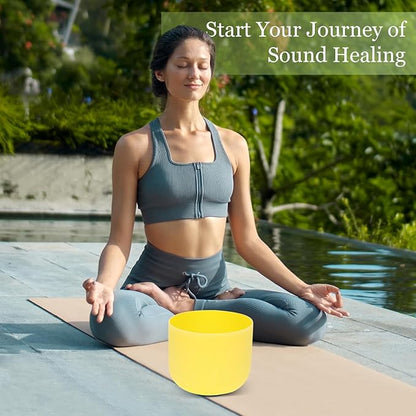 432HZ 8 Inchs E Note Yellow Frosted Crystal Singing Bowl for Meditation Healing Yoga Chakra Quartz Crystal Sound Bowls with Heavy Duty Carry Case and Rubber Mallet,Suede Striker,O-rings