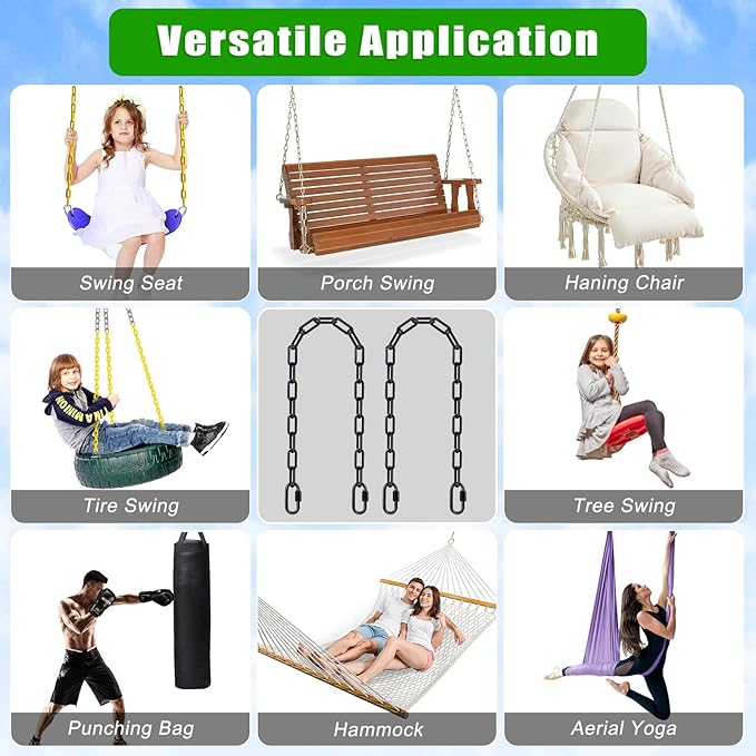 SELEWARE 2 Pack 60 Inch Hanging Swing Chain with 4 Carabiners, 1000LB Capacity Plastic Coated Hanging Chains, Hammock Hardware Kit for Swing, Hanging Chair, Punching Bags, Indoor Outdoor Gym (Black)