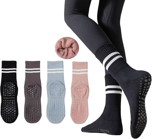 Yoga Socks with Non-Slip Grips for Women - 4 Pairs Pilates, Barre, Gym, Dance Workout Anti-Skid Socks