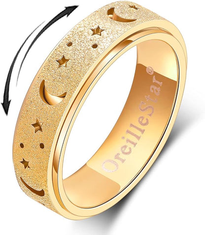 OreilleStar Anxiety Ring for Women Fidget Ring Spinner Rings Stainless Steel Moon Star Fidgit Ring for Women Gold Plated Size 6