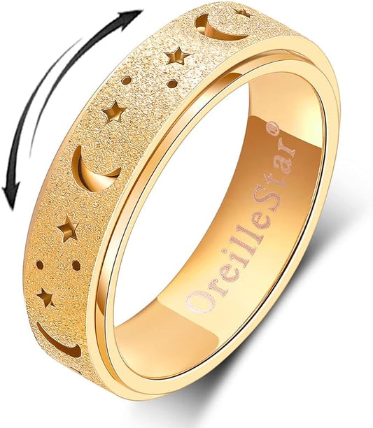 OreilleStar Anxiety Ring for Women Fidget Ring Spinner Rings Stainless Steel Moon Star Fidgit Ring for Women Gold Plated Size 6