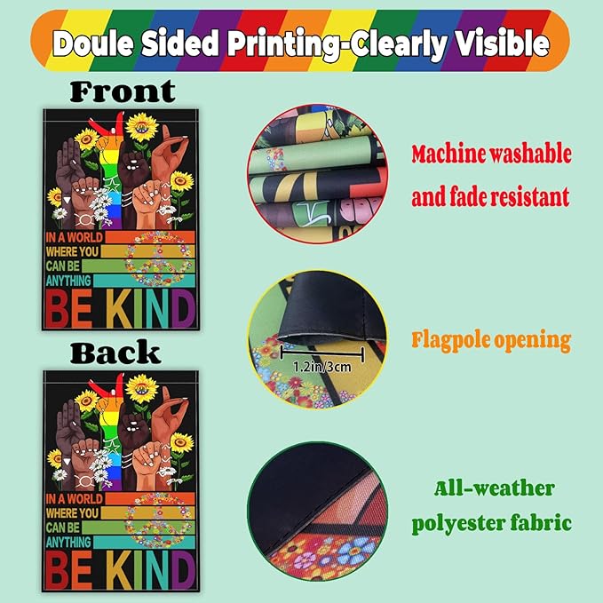 Be Kind Garden Flag 12x18 Inch In A World Where You Can Be Anything Garden Flag 3ply Polyester Double Sided with Rainbow and Peace Sign for Outdoor House Yard Outside Garden Decor