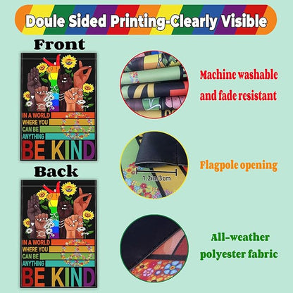 Be Kind Garden Flag 12x18 Inch In A World Where You Can Be Anything Garden Flag 3ply Polyester Double Sided with Rainbow and Peace Sign for Outdoor House Yard Outside Garden Decor