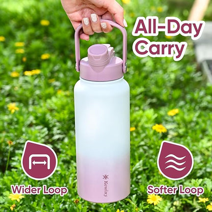 32 oz Insulated Water Bottle, 2-in-1 Lid, Straw & Spout with Protected, Leak Proof, Keep Cold, Stainless Steel, Metal, Reusable, Handle, for Outdoor, Gym and School, 2 Lids, Iced Plum