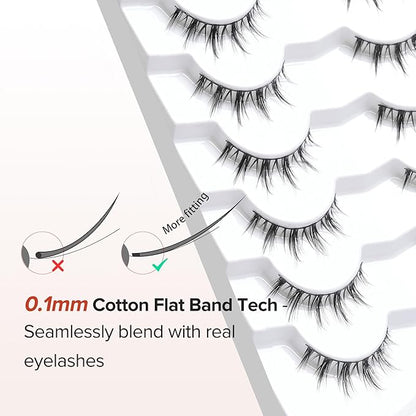 Manga Lashes Natural Look Anime Eyelashes Wispy 3D Volume 0.1MM Thin Band Manhua Lash Korean Asian Style 10mm Short Eyelash C Curl 7 Pair Siligli