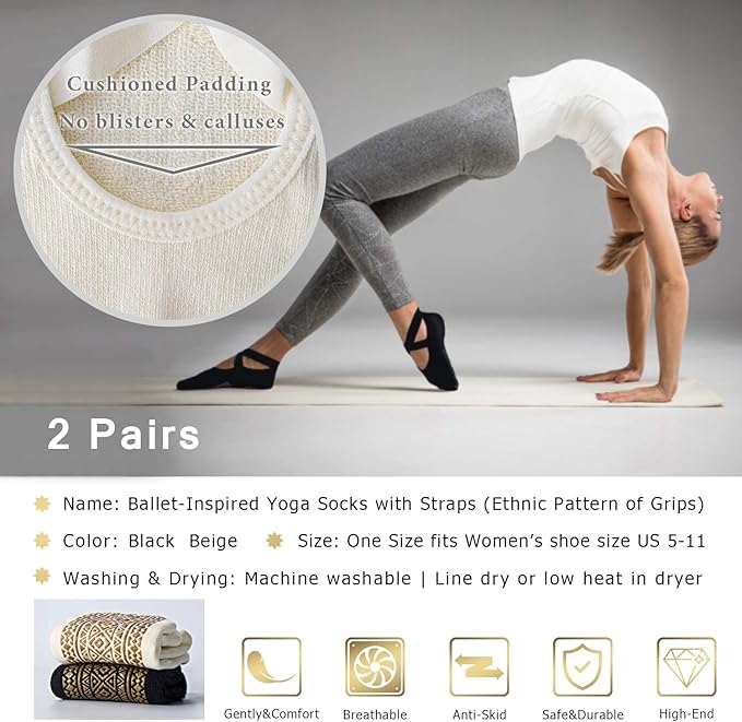 Ozaiic Yoga Socks for Women Non-Slip Grips & Straps, Ideal for Pilates, Pure Barre, Ballet, Dance, Barefoot Workout