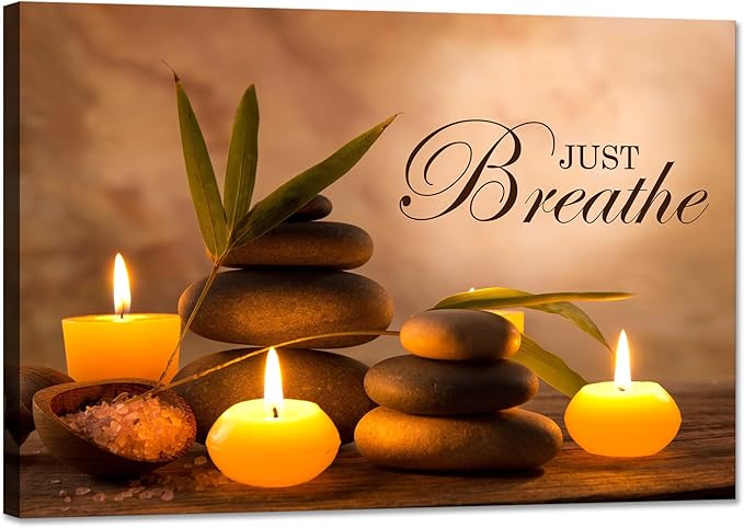 YIOZHAOFH Zen Wall Decor Just Breathe Motivational Bathroom Wall Art Yoga Room Poster for Women Spa Picture Painting Spiritual Artwork Framed for Living Room Ready to Hang (12L x 16W)