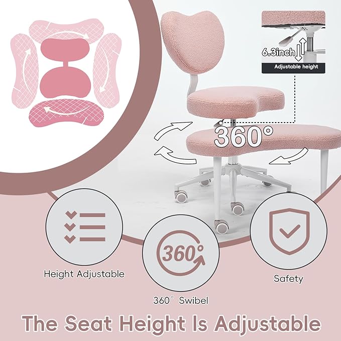 Meditation Chair with Wheels, Ergonomic Criss Cross Chair, Adjustable ADHD Floor Sitting Chair, Swivel Cross Legged Office Chair with High Back, Kneeling Posture Chair, Teddy Fabric,Pink