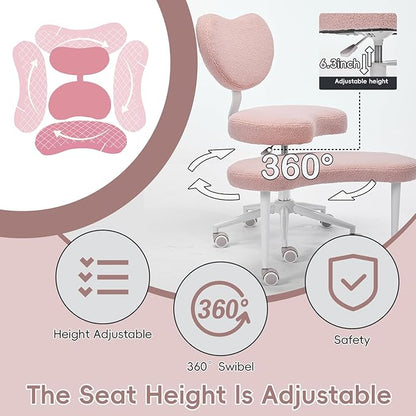 Meditation Chair with Wheels, Ergonomic Criss Cross Chair, Adjustable ADHD Floor Sitting Chair, Swivel Cross Legged Office Chair with High Back, Kneeling Posture Chair, Teddy Fabric,Pink