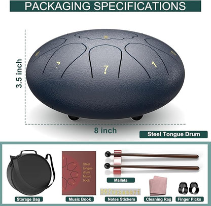 Rain Drum for Outside Garden, 8 Inches 11 Notes Steel Tongue Drum, Waterproof Meditation Rain Chime, Musical Instruments for Adult Gift with Bag, Music Book, Mallets (Navy Blue)