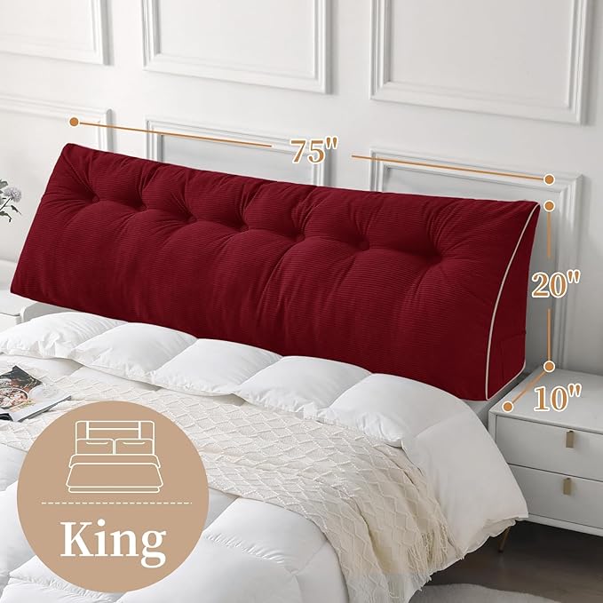 Sasttie Headboard Pillow King, Wedge Pillow Headboard for Sitting Up in Bed, Back-Rest Support Triangular Cushion for Reading - Features Removable Washable Cover, Wine