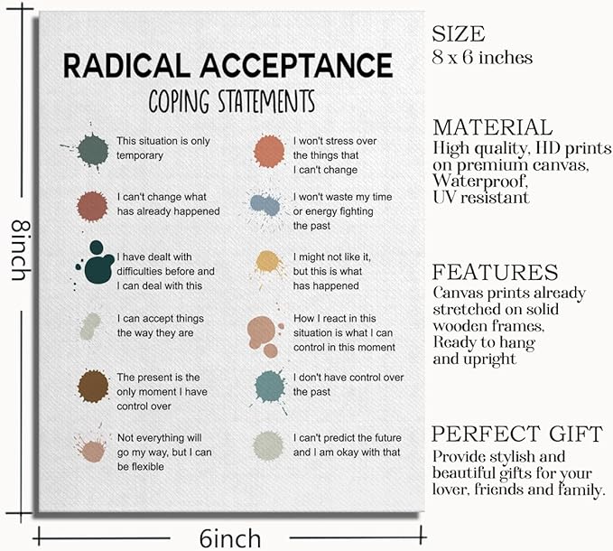 Radical Acceptance Canvas Wall Art - Mental Health Posters & DBT Poster - Therapist Office Decor 8x10 inch