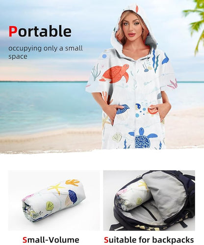 Abahub Surf Poncho Men & Women Towel Poncho Adult with Hood, Thick Quick Dry Changing Poncho Towel, Microfiber Wearable Cover Up for Surfing Beach Swim - Absorbent Changing Towel L (White Seabed)
