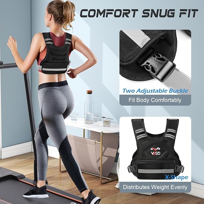 VBSD Adjustable Weighted Vest for Women Men 4-10lb/11-20lb/20-32lb Vest with 6 Ironsand Weights Body Weight Vest with Reflective Strip for Running Walking Strength Training Workouts