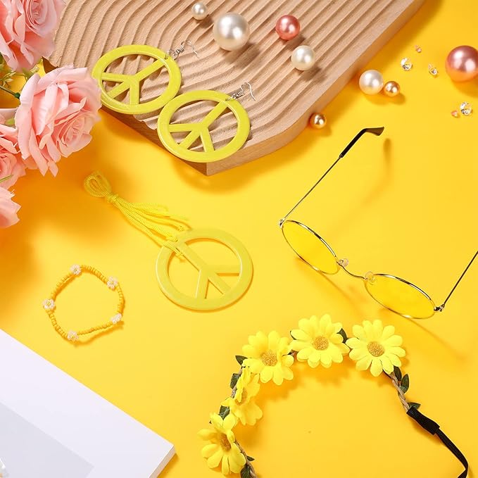 Batiyeer 6 Pcs Hippie Costume Accessories Set, Boho Peace Sign Daisy Flower 60s 70s Party Favors Decor for Groovy Party Women