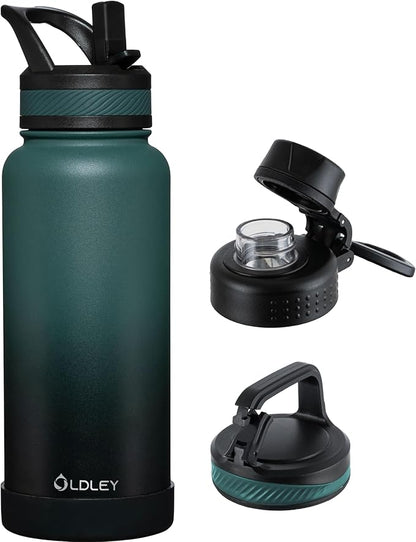 OLDLEY 32 oz Insulated Water Bottle With Straw, Stainless Steel Sports Water Cup Flask with 3 Lids(Straw, Spout and Handle Lid) Double Walled Travel Thermal Canteen Mug,Midnight Black