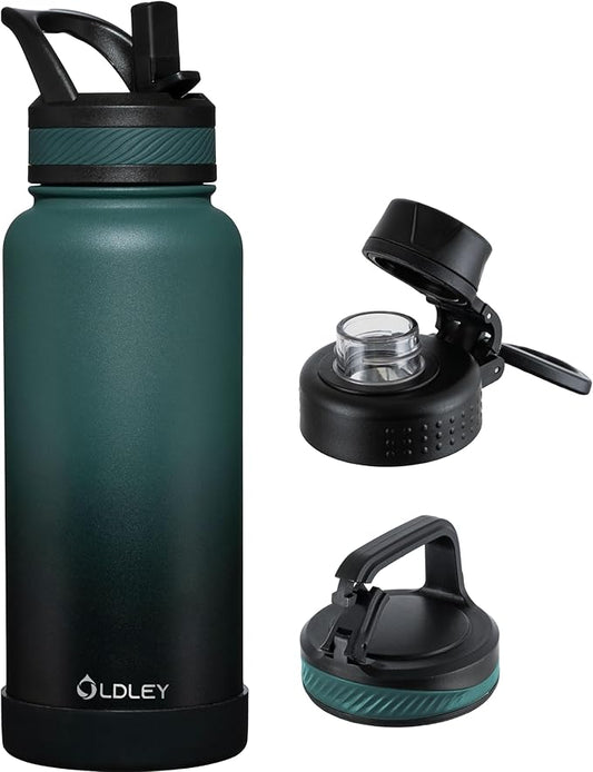 OLDLEY 32 oz Insulated Water Bottle With Straw, Stainless Steel Sports Water Cup Flask with 3 Lids(Straw, Spout and Handle Lid) Double Walled Travel Thermal Canteen Mug,Midnight Black