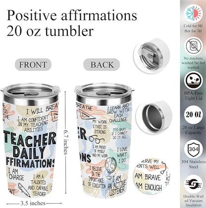 Inspirational Teacher Appreciation Gifts, Daily Affirmations Mental Health Teacher Gifts for Women Counselor Coworker Graduation Birthday Christmas, 20oz Tumbler Makeup Bag Ballpoint Pen Notebook 6PCS