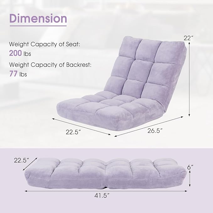 RELAX4LIFE Floor Chair with Back Support - 14-Position Adjustable Lazy Sofa Chair, Padded Sleeper Bed & Couch Recliner for Reading Meditation, Folding Floor Gaming Chair for Adults (Light Purple)
