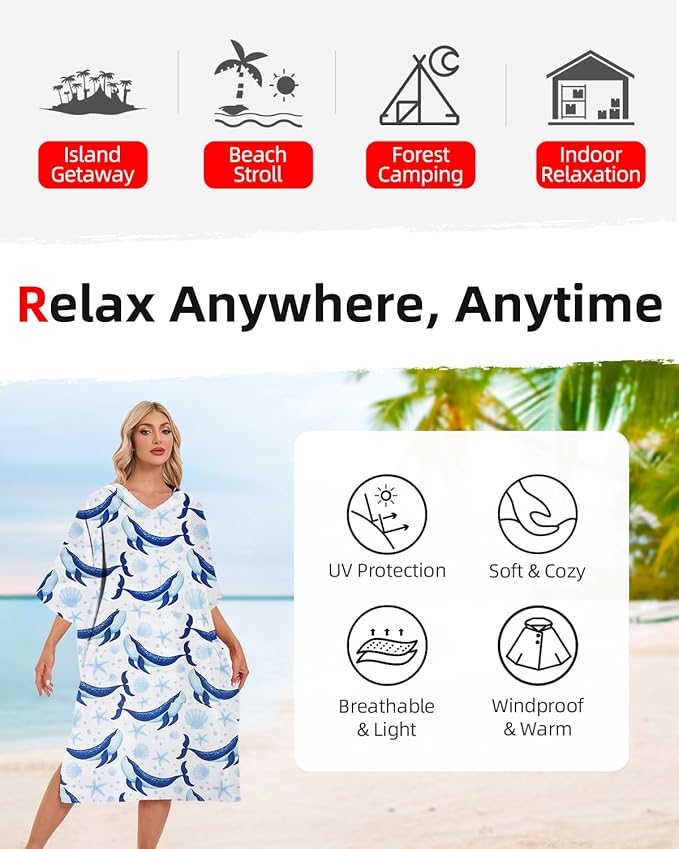 Abahub Surf Poncho Men & Women Towel Poncho Adult with Hood, Thick Quick Dry Changing Poncho Towel, Microfiber Wearable Cover Up for Surfing Beach Swim - Absorbent Changing Towel L (Blue Whale)