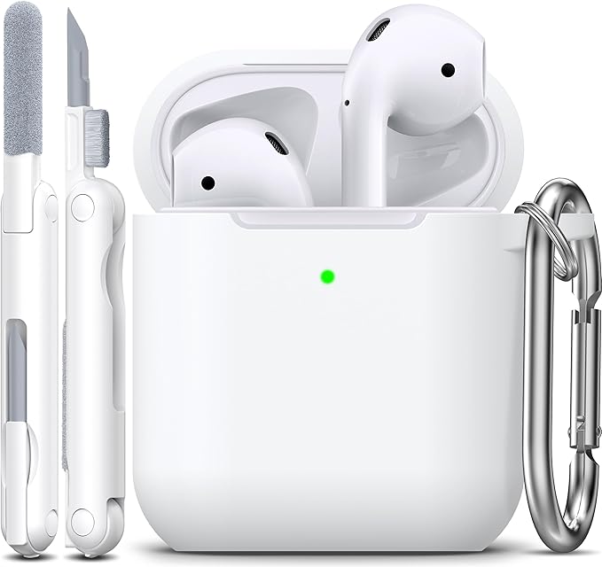 R-fun Compatible with AirPods Case Cover, Soft Silicone Protective Cover with Keychain for Women Men Compatible with Apple AirPods 2nd 1st Generation Charging Case, Front LED Visible,White