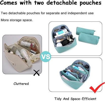BOYATU Travel Makeup Bag Organizer Cosmetic Bag: 3 Pcs Set Make up Bags for Women with Handle - Waterproof Vegan Leather Toiletry Bags Travel Essentials Pouch with Compartments (C-02-Blue)