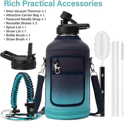 Insulated Water Bottle | Thickened Stainless Steel Vacuum Metal | Portable Sports Half Gallon Large Water Jug for Gym and Hiking with Straw, Carrier Bag, Handle Strap | BPA-Free 64 oz