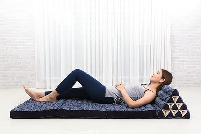 Leewadee Comfortable Japanese Floor Mattress - Thai Floor Bed with Triangle Cushion - Futon Mattress - XL Extra Wide Thai Massage Mat, 67 x 31 inches, Blue White, Kapok Filling
