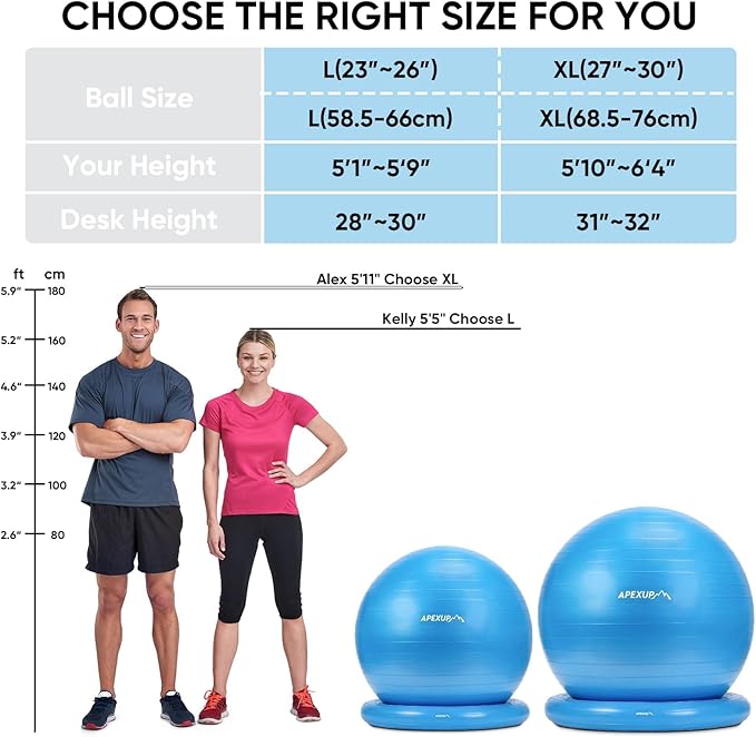 APEXUP Yoga Ball Chair, Exercise Ball Chair with Base for Office, Anti Slip Stability Ball Fitness Ball Seat, Home Gym Workout Ball, Balance Ball with Pump (Blue, XL)