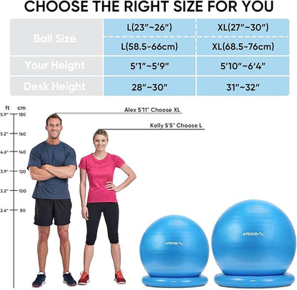 APEXUP Yoga Ball Chair, Exercise Ball Chair with Base for Office, Anti Slip Stability Ball Fitness Ball Seat, Home Gym Workout Ball, Balance Ball with Pump (Blue, XL)