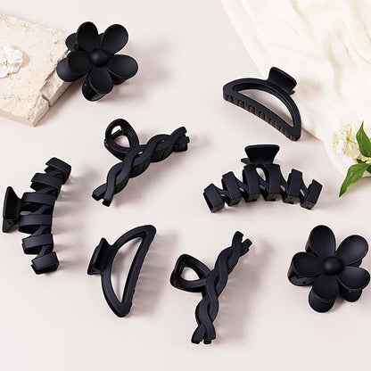 8PCS Hair Clips for Women, Flower Claw Clips for Thick Hair, Non-Slip Hair Accessories with Multi-Styles, Black Color Hair Claw Clips and Variety Pack, Ideal for Girls