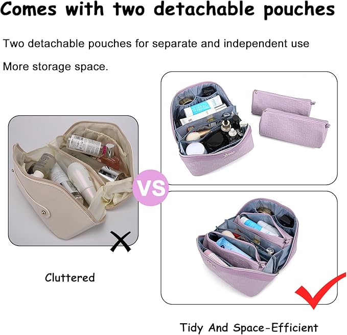 BOYATU Travel Makeup Bag Organizer Cosmetic Bag: 3 Pcs Set Make up Bags for Women with Handle - Waterproof Vegan Leather Toiletry Bags Travel Essentials Pouch with Compartments (C-01-Purple)